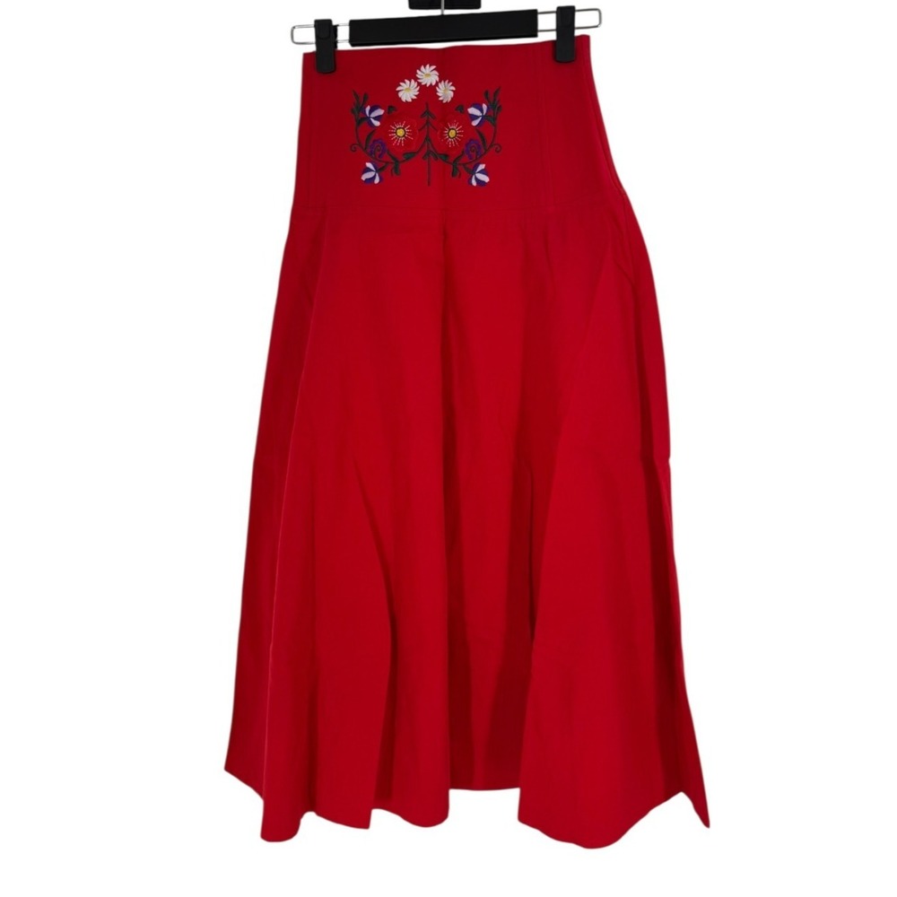 Stella Forest Midi Skirt Women's Size 36 US 4 Red Cotton Floral Midi Skirt